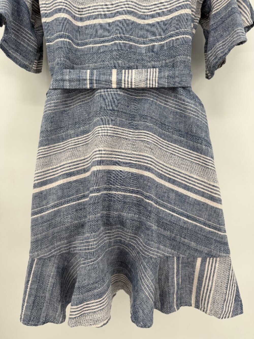 Express Women’s Size S Blue Striped Linen Blend Wrap Mini Dress - Picture 7 of 13